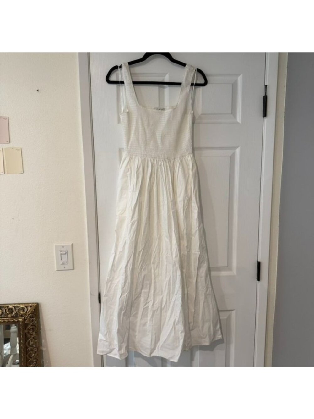 WAYF White Cotton Smocked Fit Flare Tiered Midi Dress Size Small